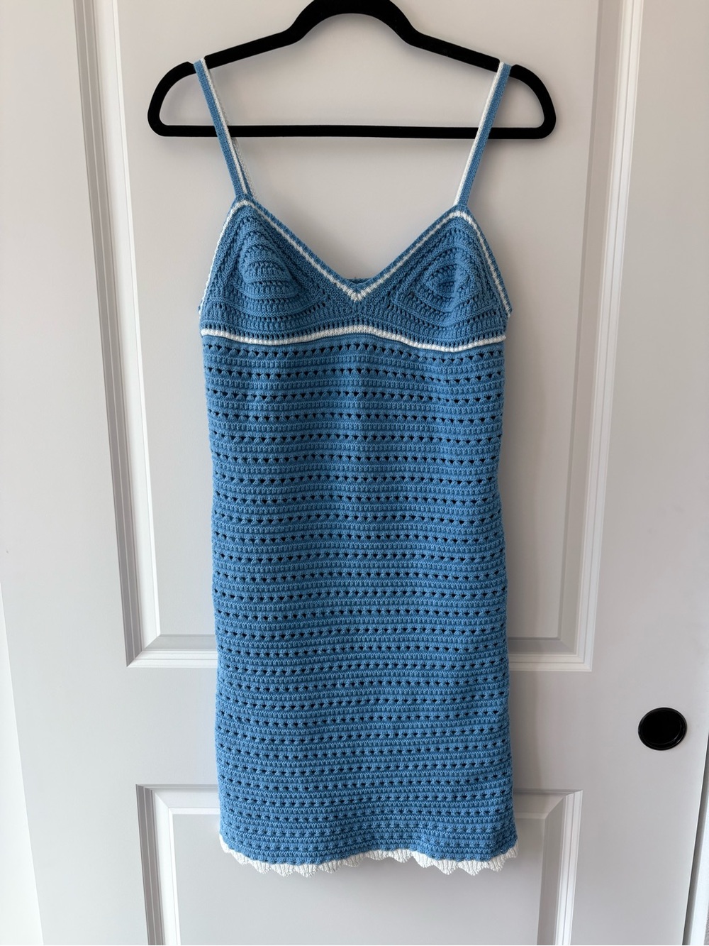 Sky Blue Crochet Mini Dress with White Trim